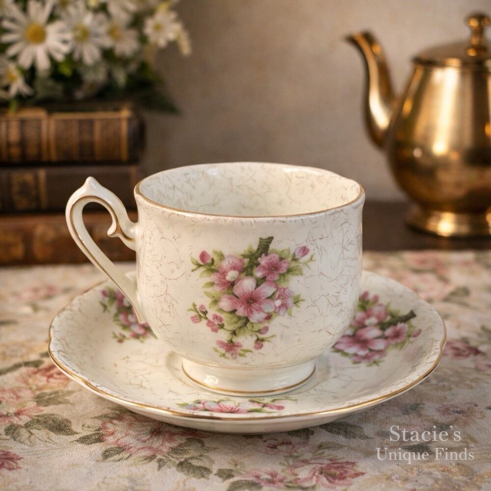 Pink & White Flowers with Gold Color Trim Floral Teacup & Saucer Set Vintage